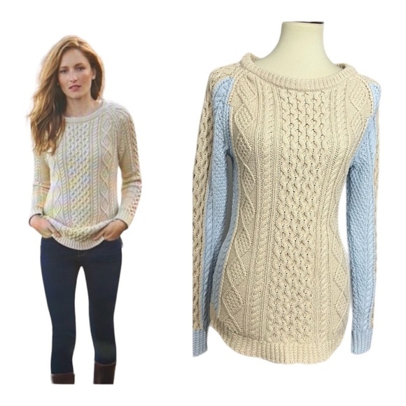 L.L. Bean Fisherman Ribbed Knit Chunky Sweater Cotton Color Block Cable knit - Picture 1 of 12